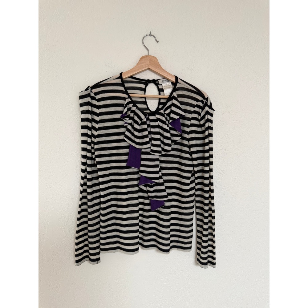 Sonia by Sonia Rykiel Striped Ruffle Front Wool Blend Top Black Cream Purple M